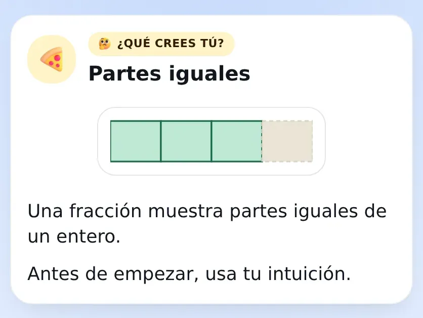 Pantalla real de Rama: el paso de clase «Partes iguales», con una barra dividida en cuatro donde tres partes están pintadas, y el texto «Una fracción muestra partes iguales de un entero».