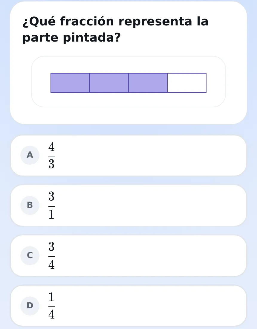 Pantalla real de Rama: el ejercicio «¿Qué fracción representa la parte pintada?» con una barra de cuatro partes y tres pintadas, y cuatro alternativas: 4/3, 3/1, 3/4 y 1/4.