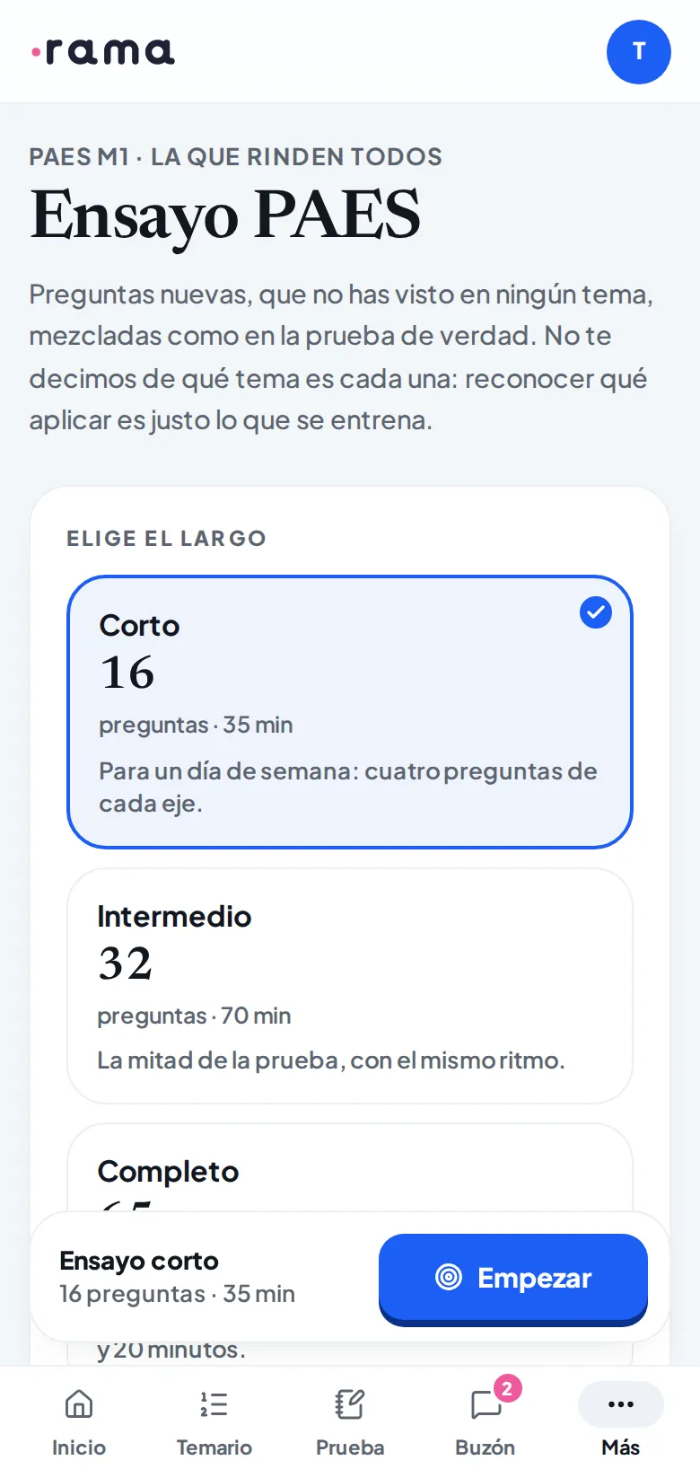 El ensayo PAES en el celular, con la pregunta y el reloj